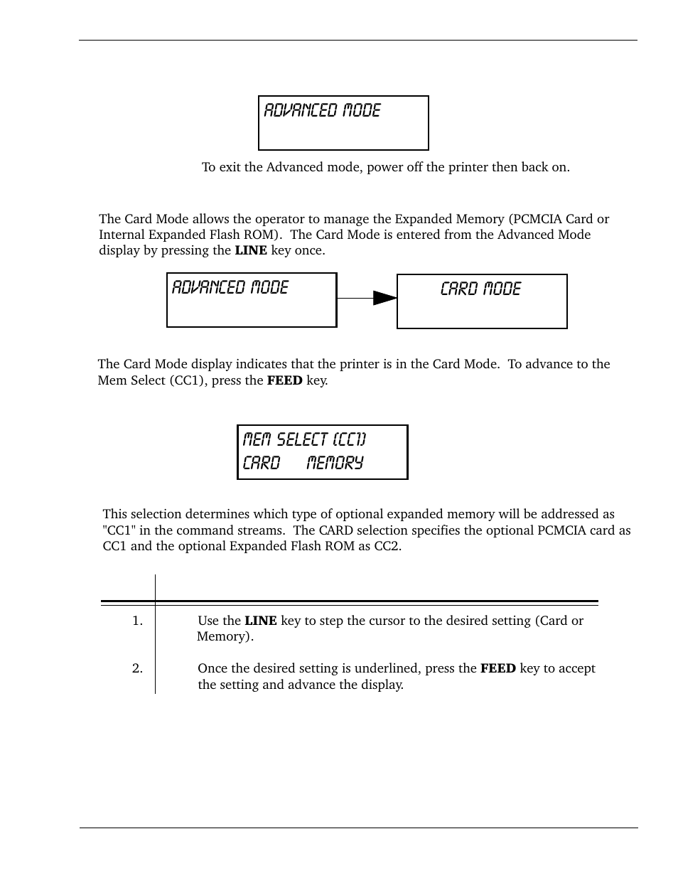 Advanced mode card mode, Advanced mode, Lcd printer — card mode | SATO CL 408e User Manual | Page 37 / 219