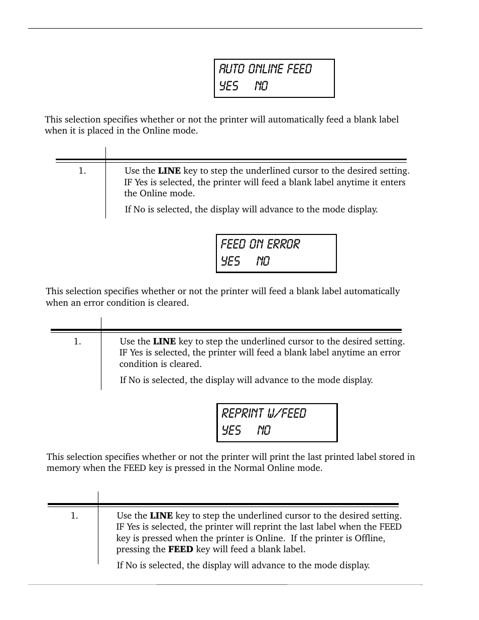 Auto online feed yes no, Feed on error yes no, Reprint w/feed yes no | Lcd panel — service mode | SATO CL 408e User Manual | Page 48 / 219