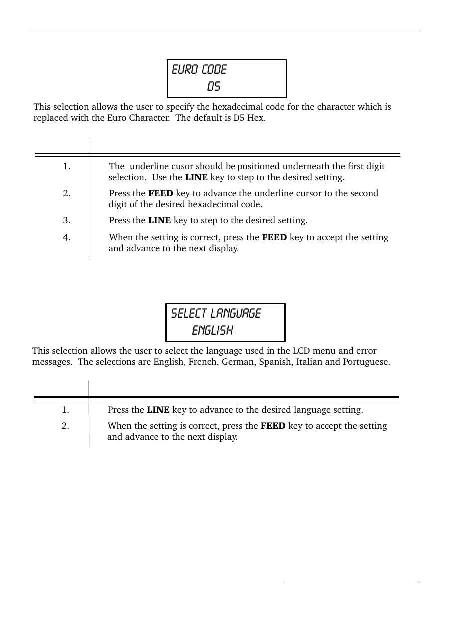 Select language english, Euro code d5, Lcd panel — service mode | SATO CL 408e User Manual | Page 50 / 219