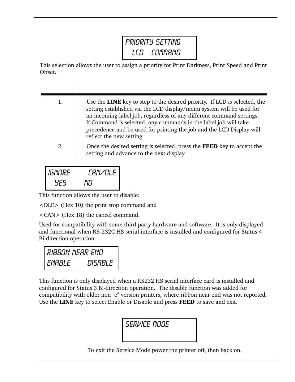 Priority setting lcd command ignore can/dle yes no, Service mode ribbon near end enable disable | SATO CL 408e User Manual | Page 51 / 219