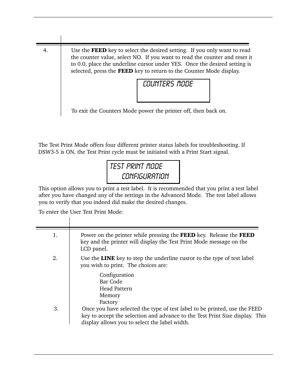 Counters mode, Test print mode configuration, Test print mode | Lcd panel — counters mode | SATO CL 408e User Manual | Page 53 / 219