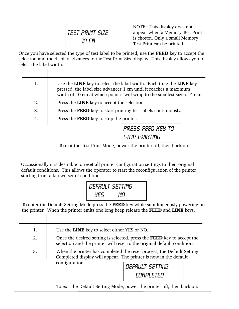 Default setting yes no default setting completed, Lcd panel — test print mode, Default setting mode | SATO CL 408e User Manual | Page 54 / 219