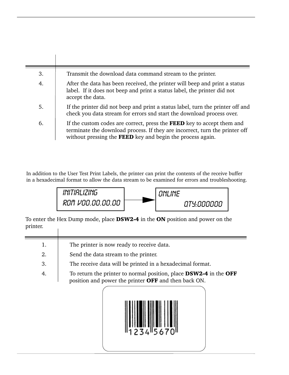 Lcd panel — download user defined protocol codes, Hex dump mode | SATO CL 408e User Manual | Page 58 / 219