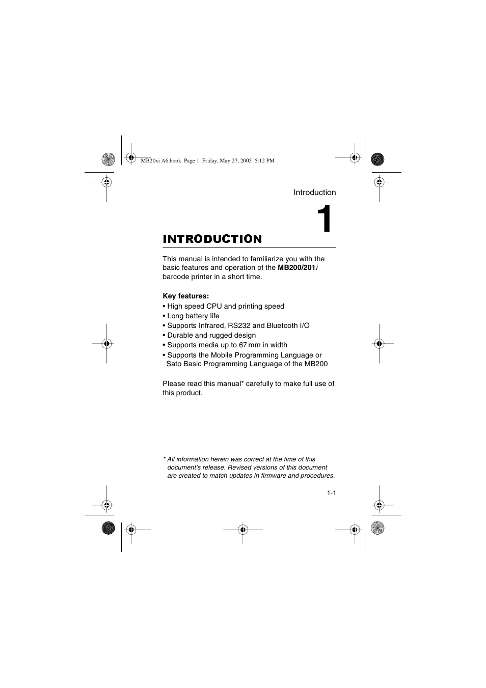 Introduction | SATO MB200/201i User Manual | Page 13 / 71