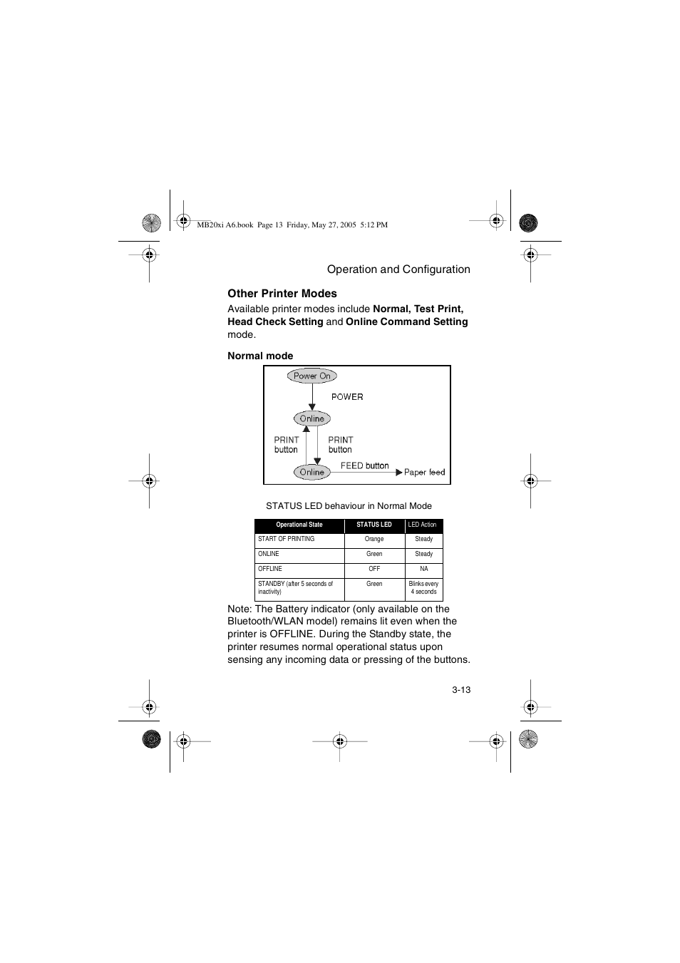 Operation and configuration, Other printer modes | SATO MB200/201i User Manual | Page 43 / 71