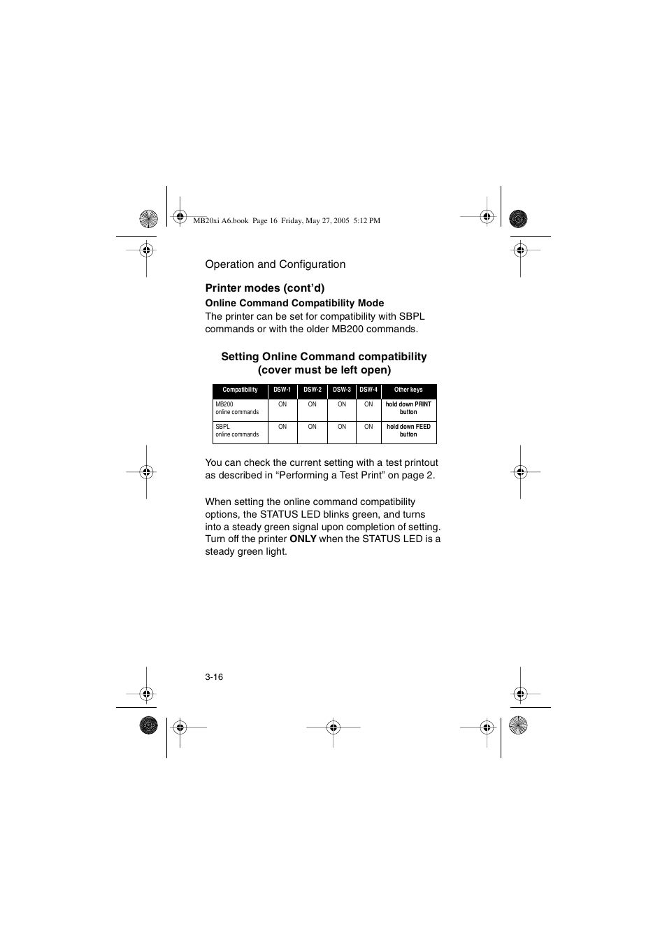 Operation and configuration, Printer modes (cont’d) | SATO MB200/201i User Manual | Page 46 / 71