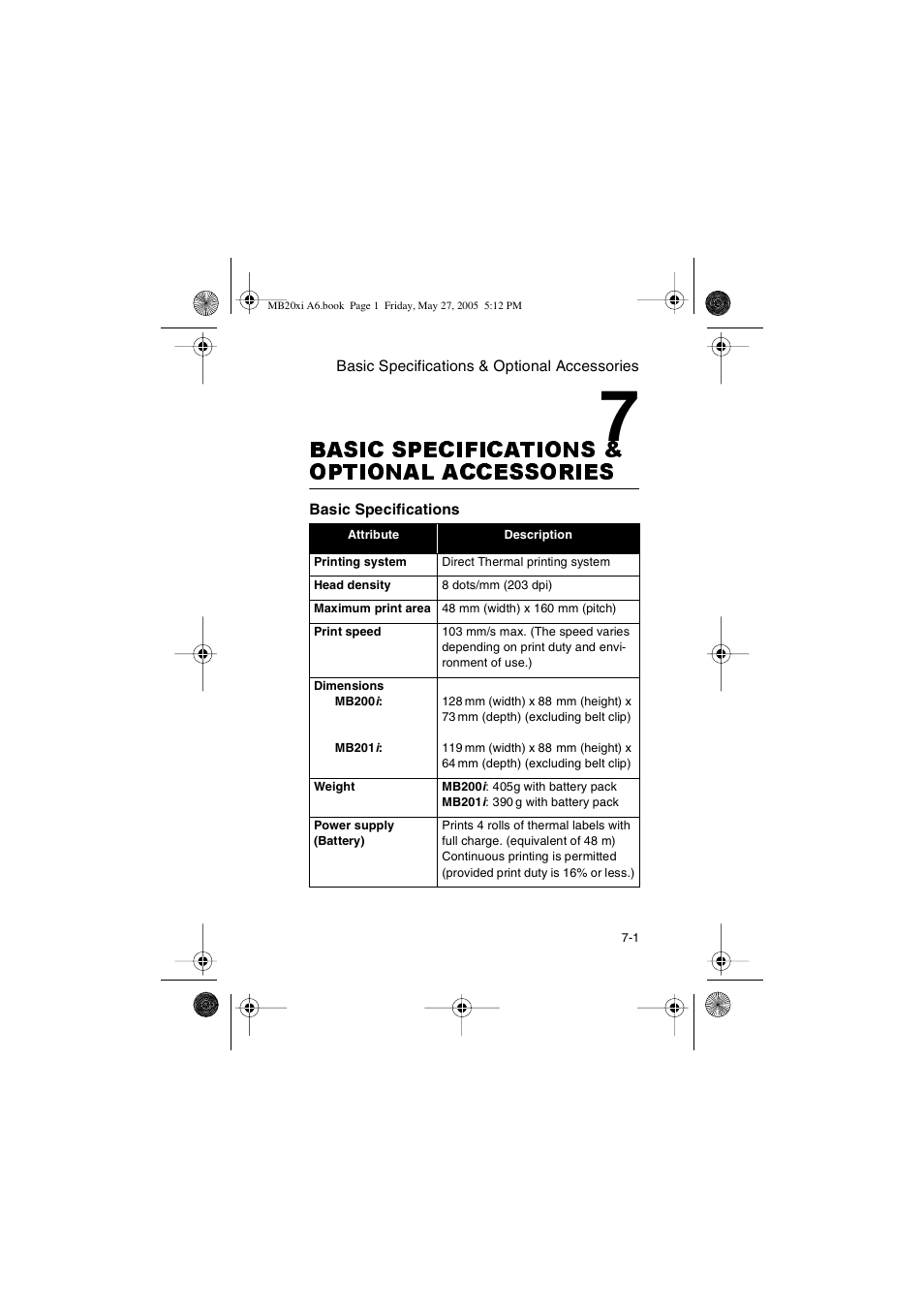 Basic specifications & optional accessories | SATO MB200/201i User Manual | Page 59 / 71