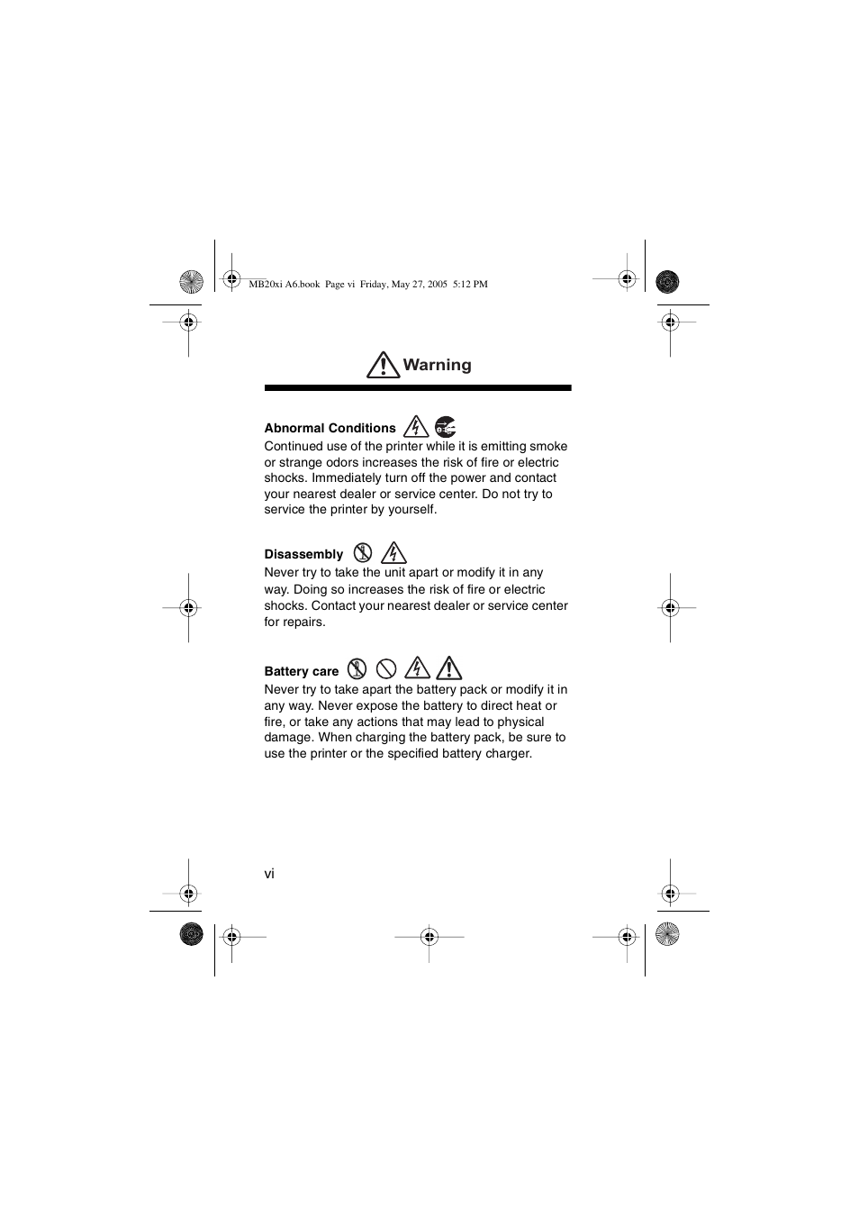 Warnings | SATO MB200/201i User Manual | Page 6 / 71