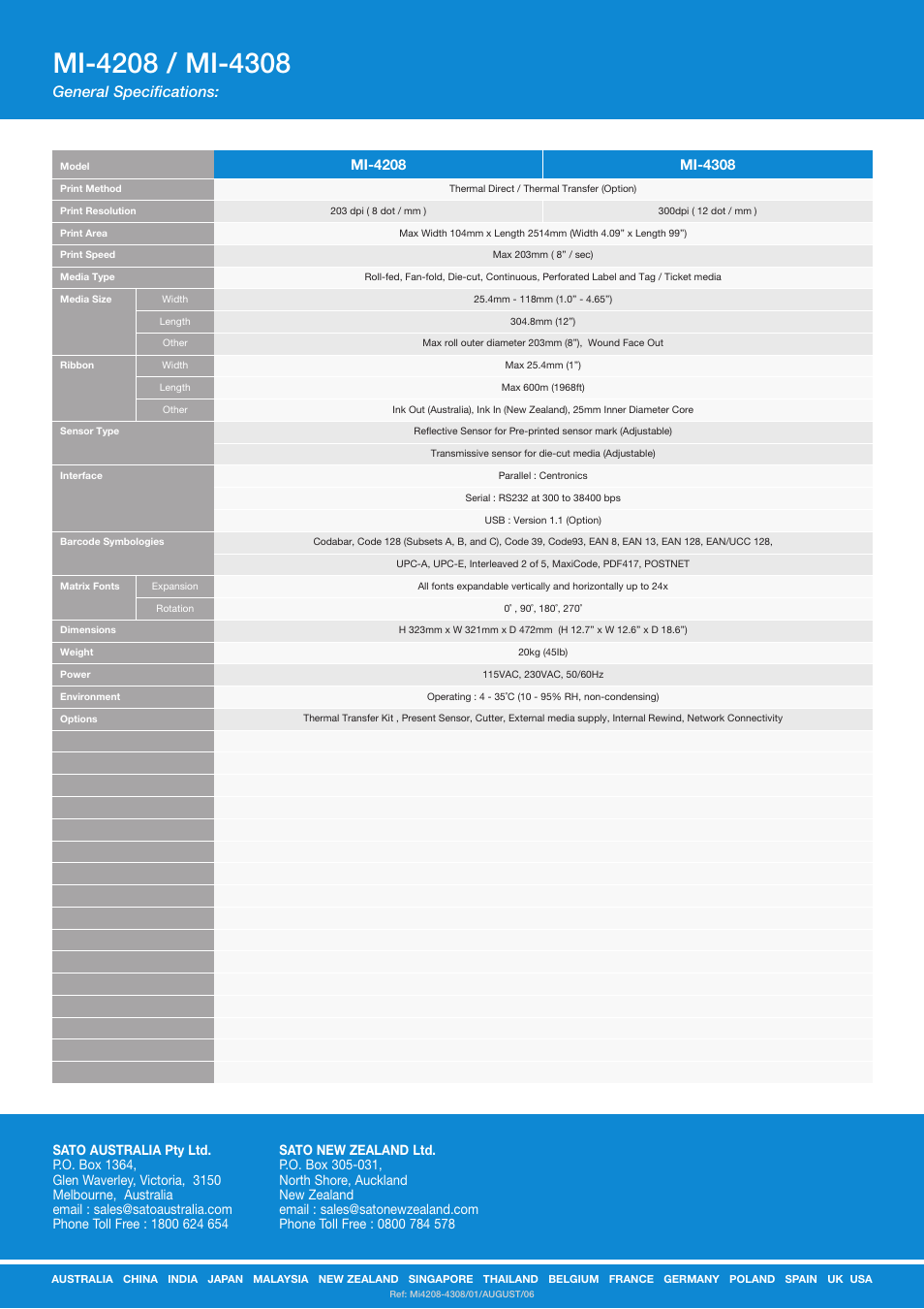 General specifications | SATO MI-4208/4308 User Manual | Page 2 / 2