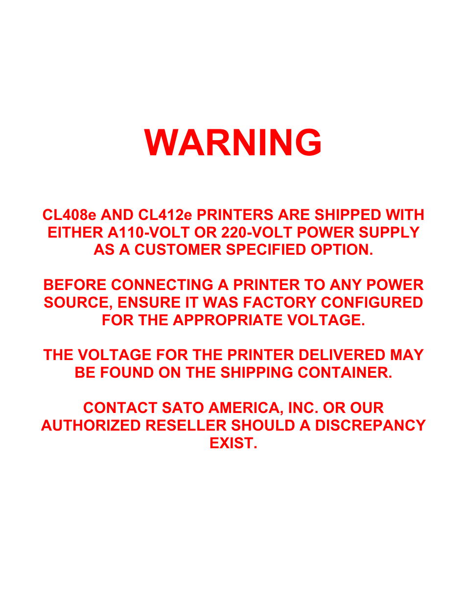 Warning | SATO CL408e User Manual | Page 3 / 103