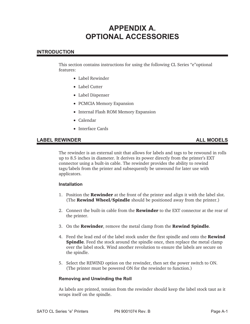 Optional accessories, Appendix a. optional accessories | SATO CL408e User Manual | Page 94 / 103
