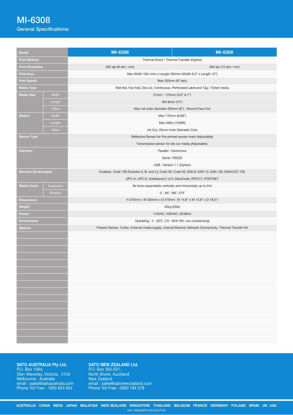 Mi-6308, General specifications | SATO MI-6308 User Manual | Page 2 / 2