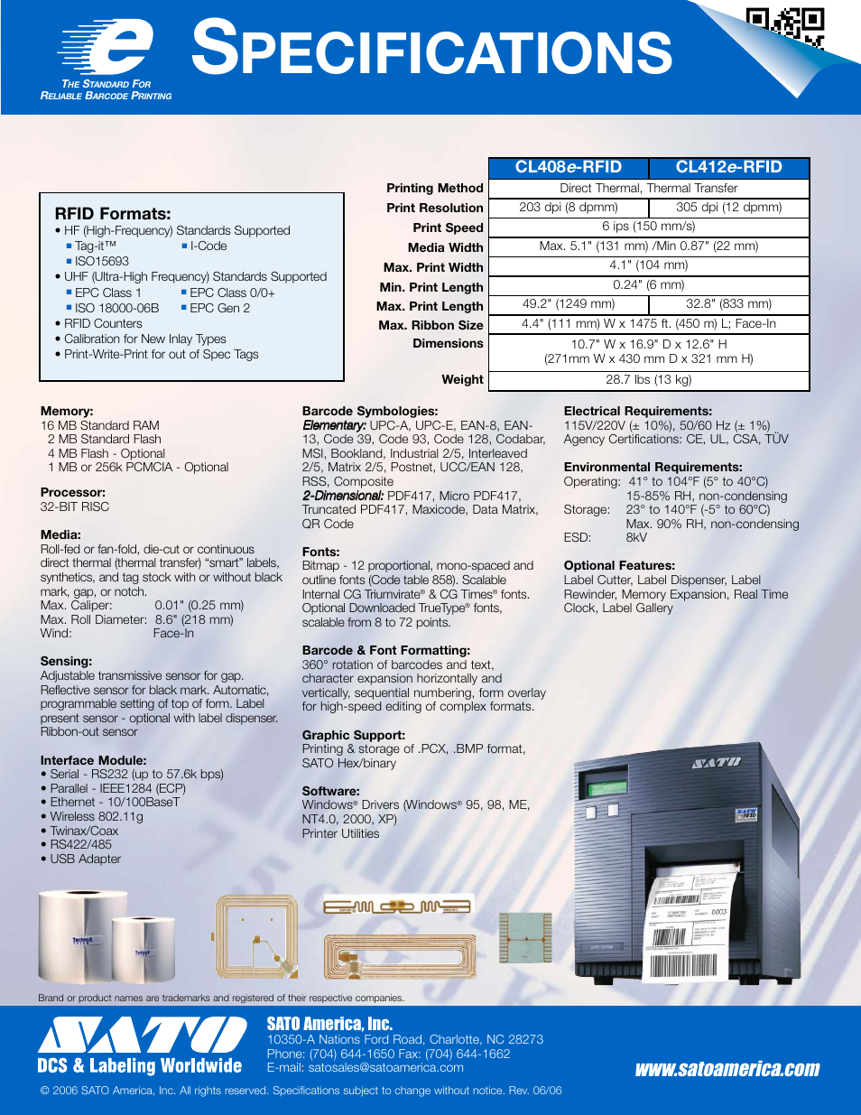 Pecifications, Sato america, inc, Cl408 | Rfid cl412, Rfid, Rfid formats | SATO CLe RFID User Manual | Page 2 / 2