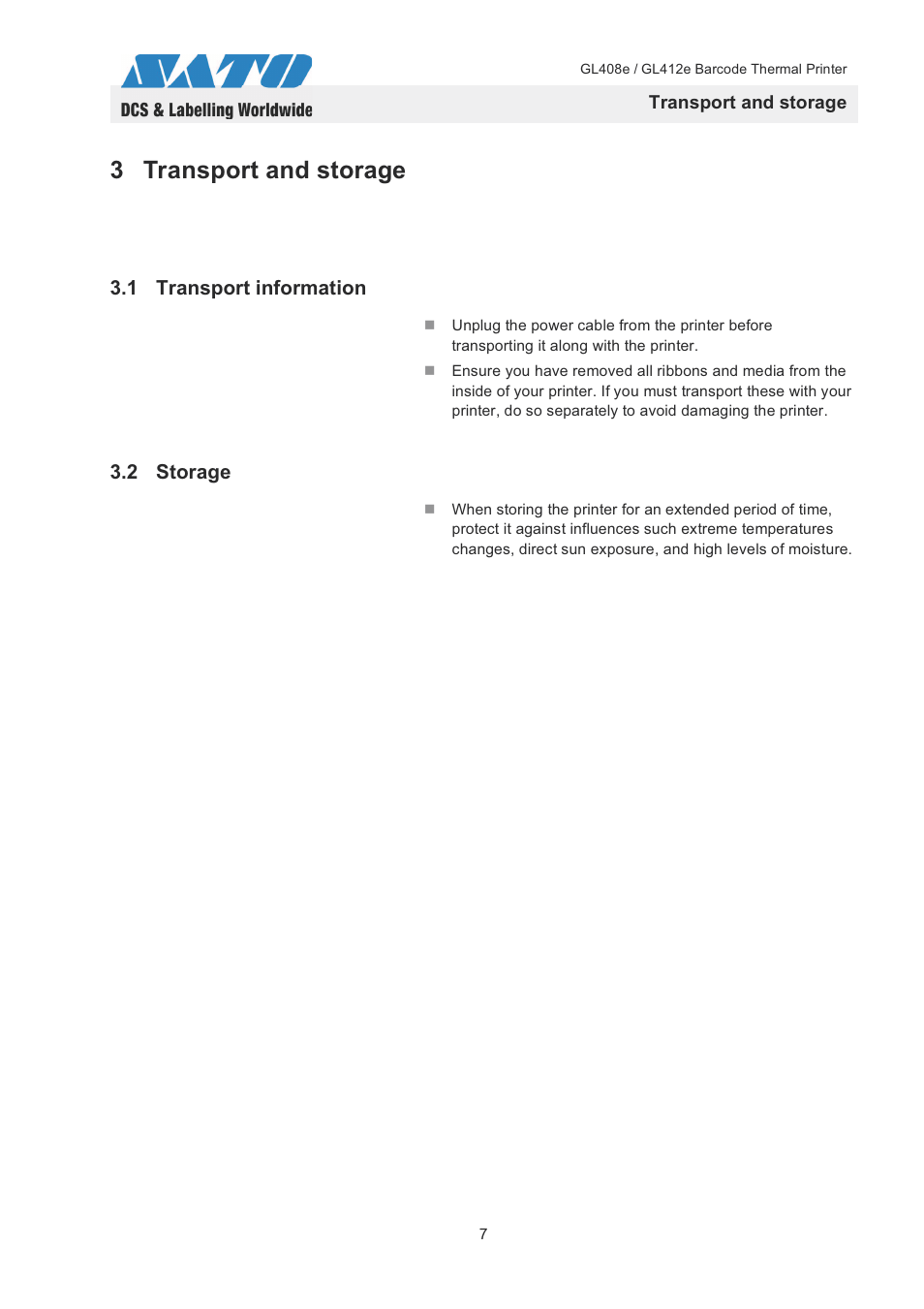 3 transport and storage, 1 transport information, 2 storage | SATO GL408e / GL412e User Manual | Page 10 / 25