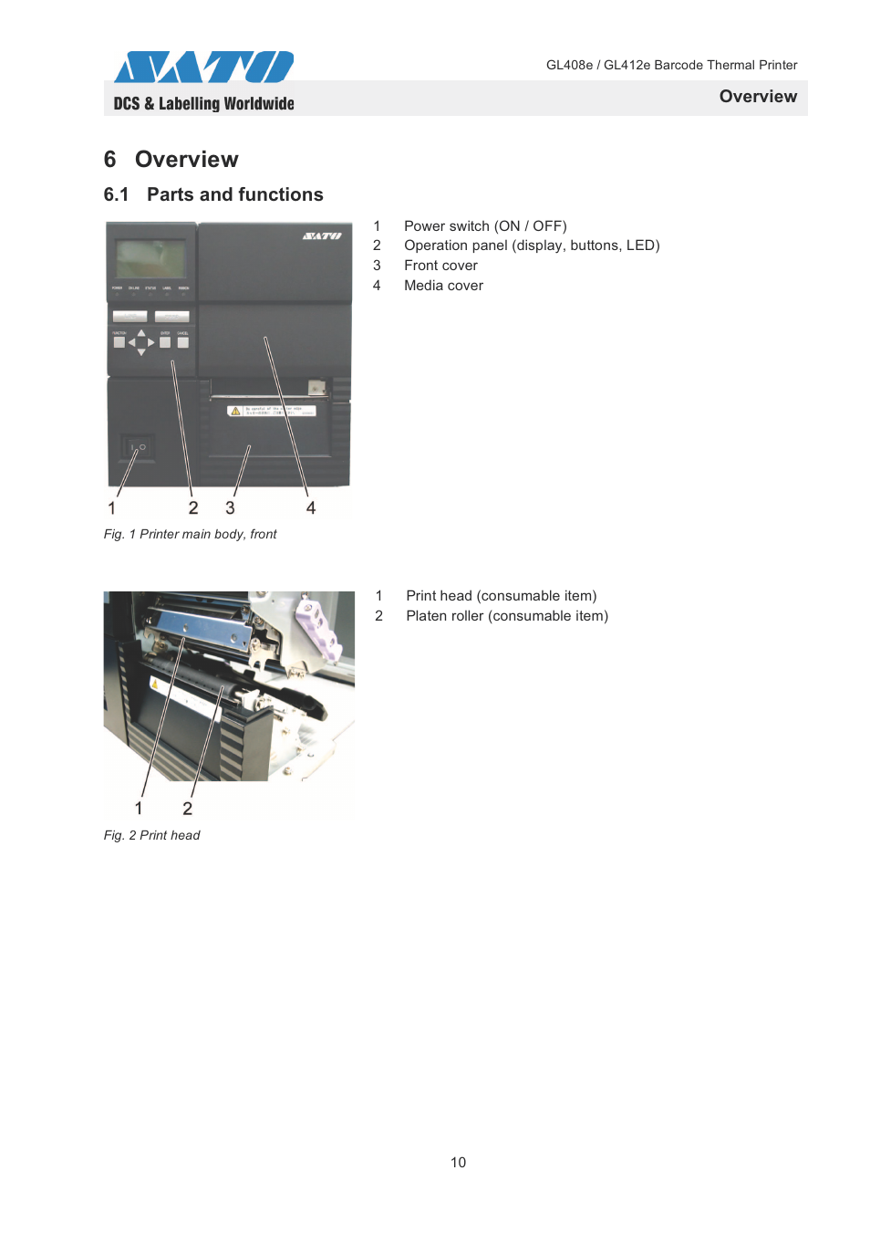 6 overview, 1 parts and functions, Overview | SATO GL408e / GL412e User Manual | Page 13 / 25