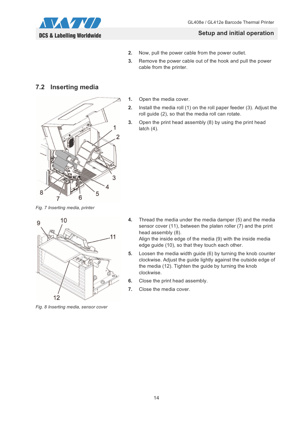 2 inserting media, Setup and initial operation | SATO GL408e / GL412e User Manual | Page 17 / 25