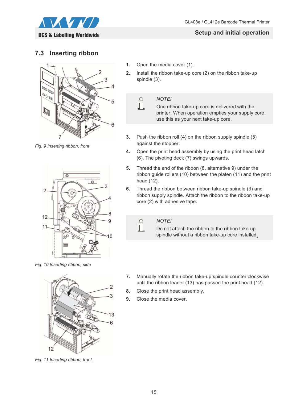 3 inserting ribbon, Setup and initial operation | SATO GL408e / GL412e User Manual | Page 18 / 25