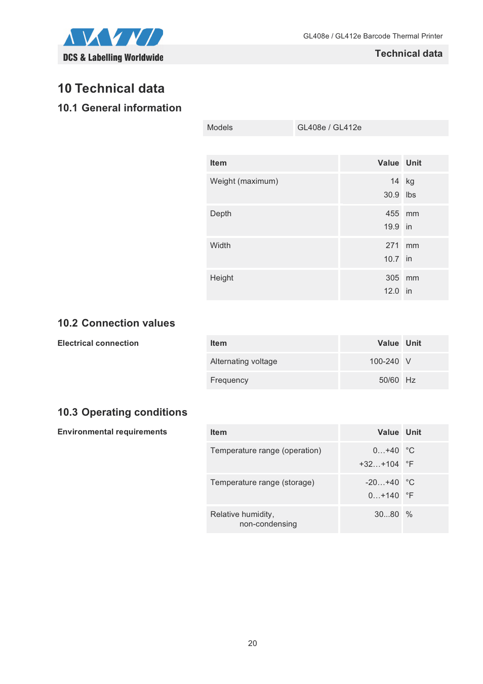 10 technical data, 1 general information, 2 connection values | 3 operating conditions, Technical data | SATO GL408e / GL412e User Manual | Page 23 / 25