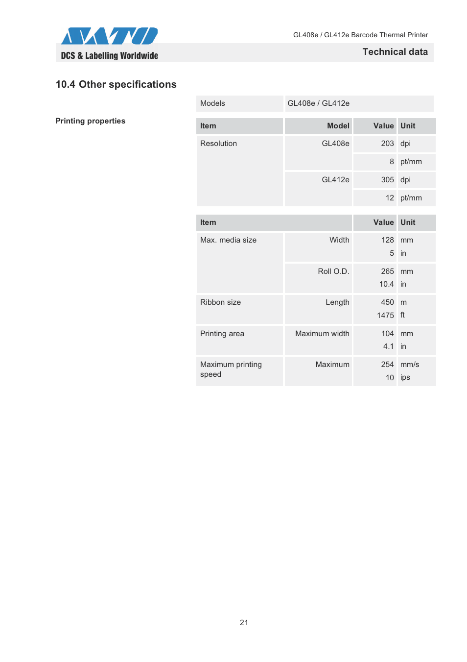 4 other specifications, Technical data | SATO GL408e / GL412e User Manual | Page 24 / 25