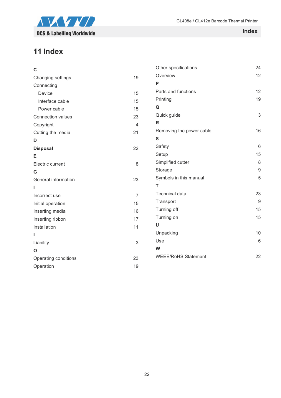 11 index, Index | SATO GL408e / GL412e User Manual | Page 25 / 25