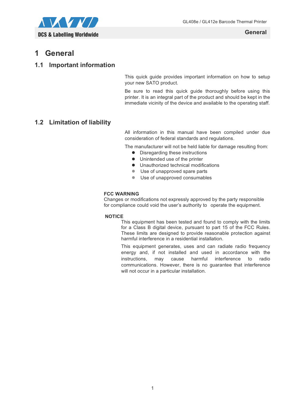 1 general, 1 important information, 2 limitation of liability | General | SATO GL408e / GL412e User Manual | Page 4 / 25