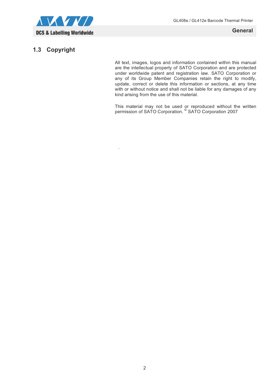 3 copyright, General | SATO GL408e / GL412e User Manual | Page 5 / 25