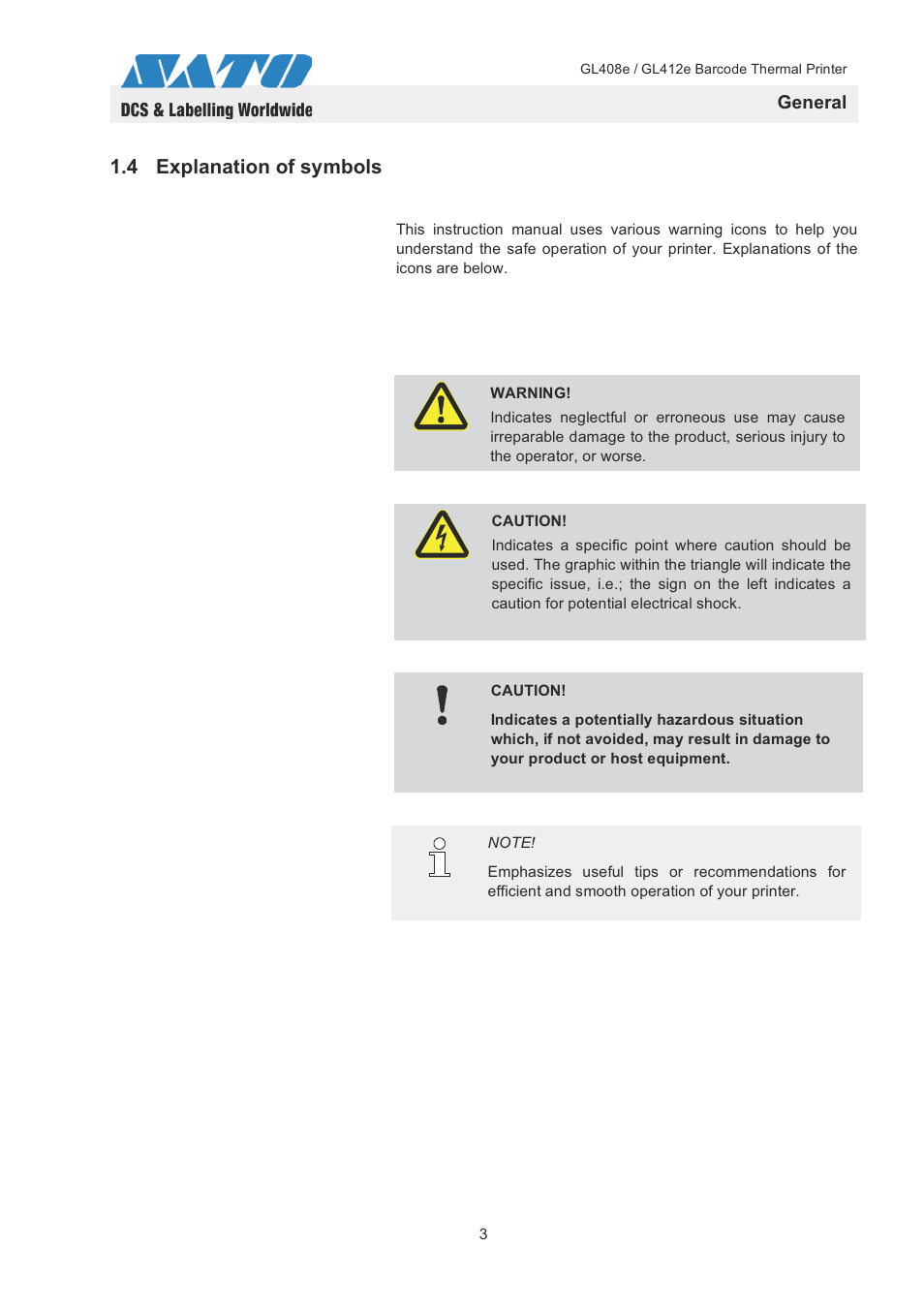 4 explanation of symbols, General | SATO GL408e / GL412e User Manual | Page 6 / 25