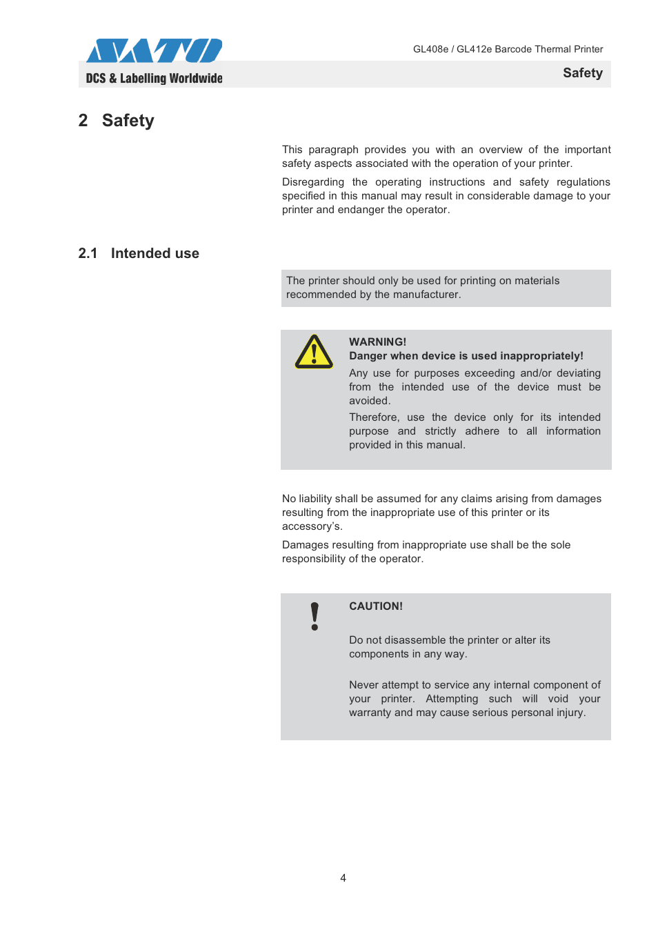 2 safety, 1 intended use, Safety | SATO GL408e / GL412e User Manual | Page 7 / 25