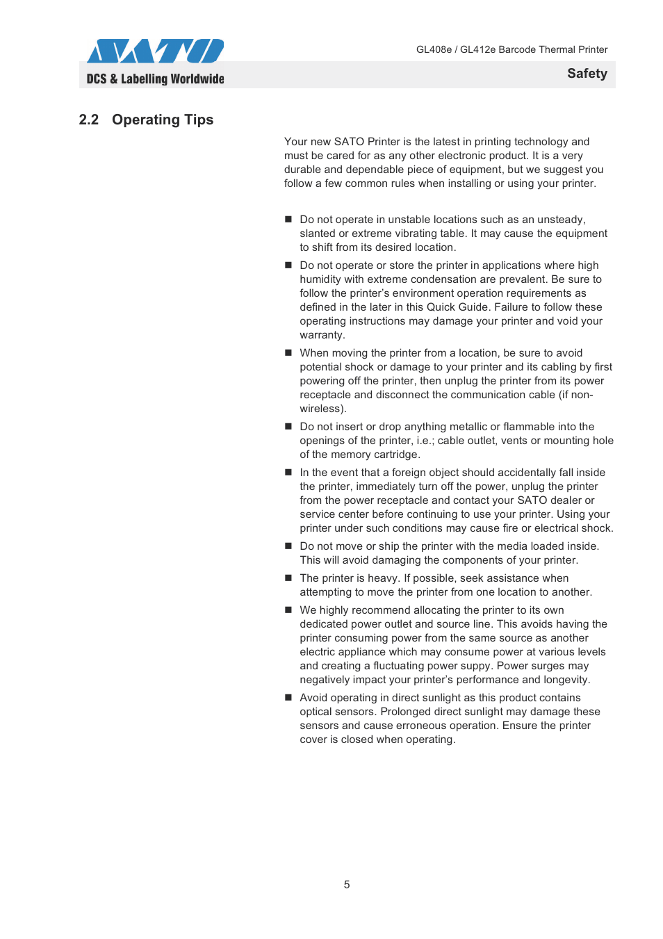 2 operating tips, Safety | SATO GL408e / GL412e User Manual | Page 8 / 25