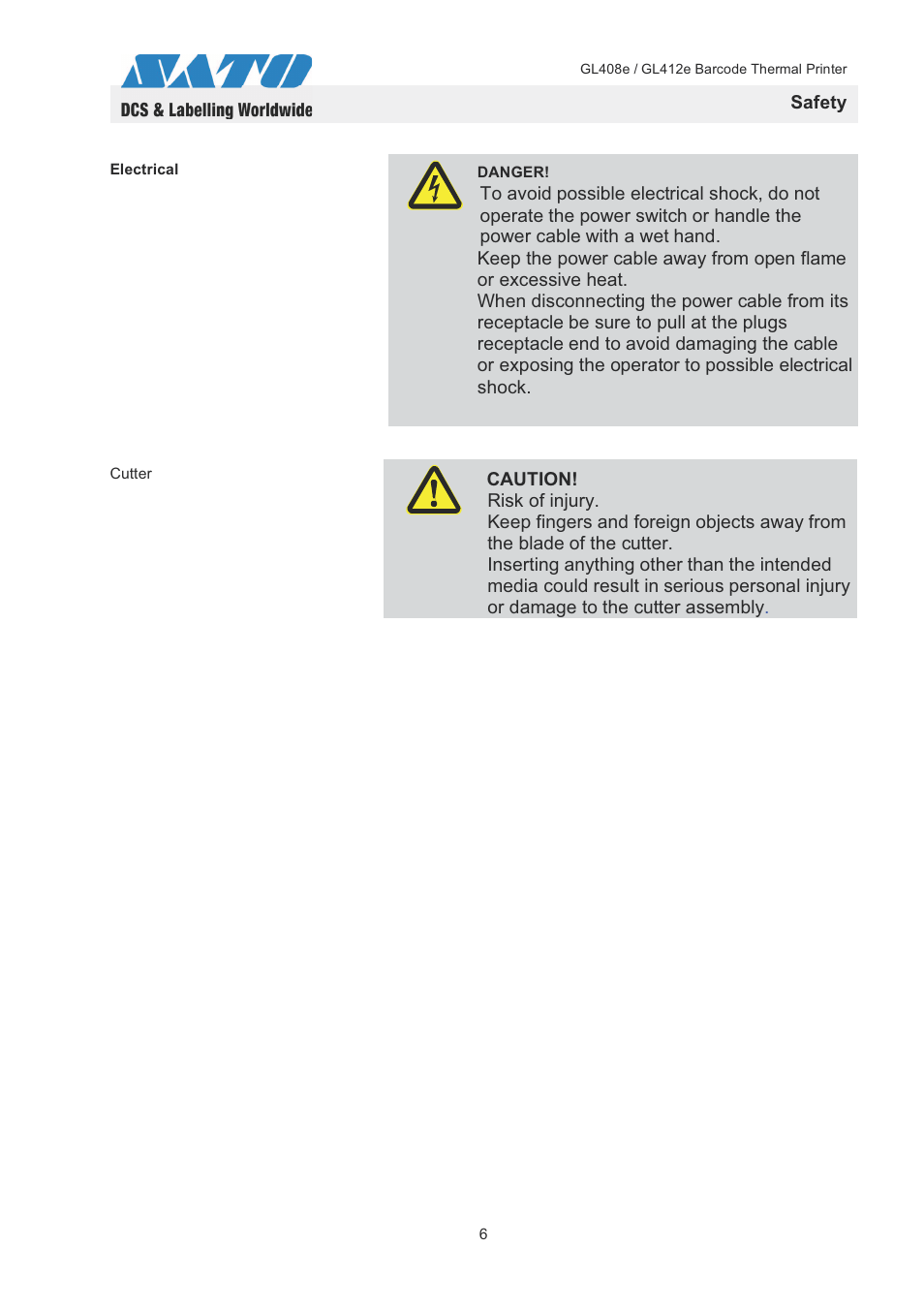 Safety | SATO GL408e / GL412e User Manual | Page 9 / 25