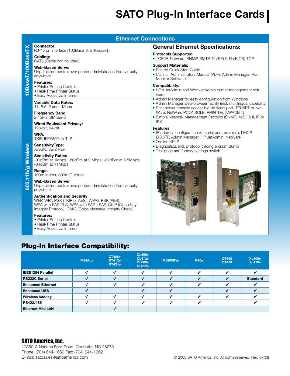 Sato plug-in interface cards, Plug-in interface compatibility, Sato america, inc | Ethernet connections, General ethernet specifications, 11b/g wir eless | SATO EAP-TLS User Manual | Page 2 / 2