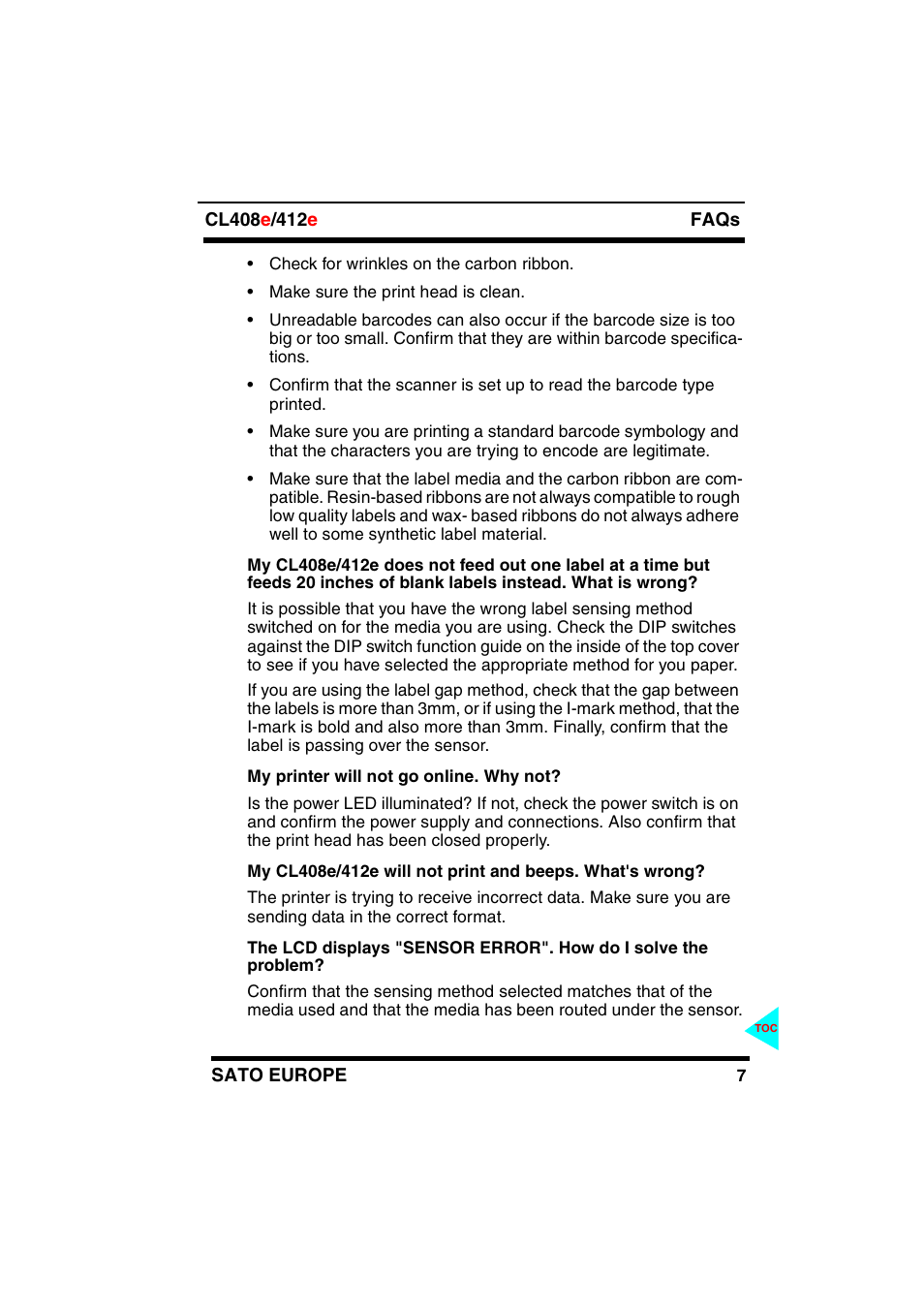 My printer will not go online. why not, How do i solve the problem | SATO CL408e/412e User Manual | Page 11 / 14