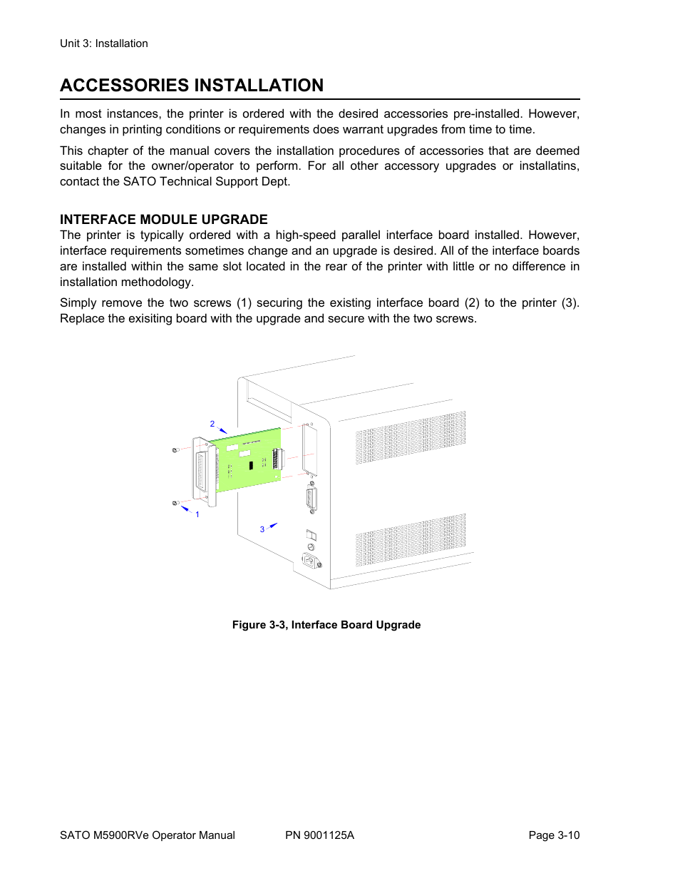 Accessories installation, Interface module upgrade, Figure 3-3, interface board upgrade | SATO M5900RVe User Manual | Page 24 / 66