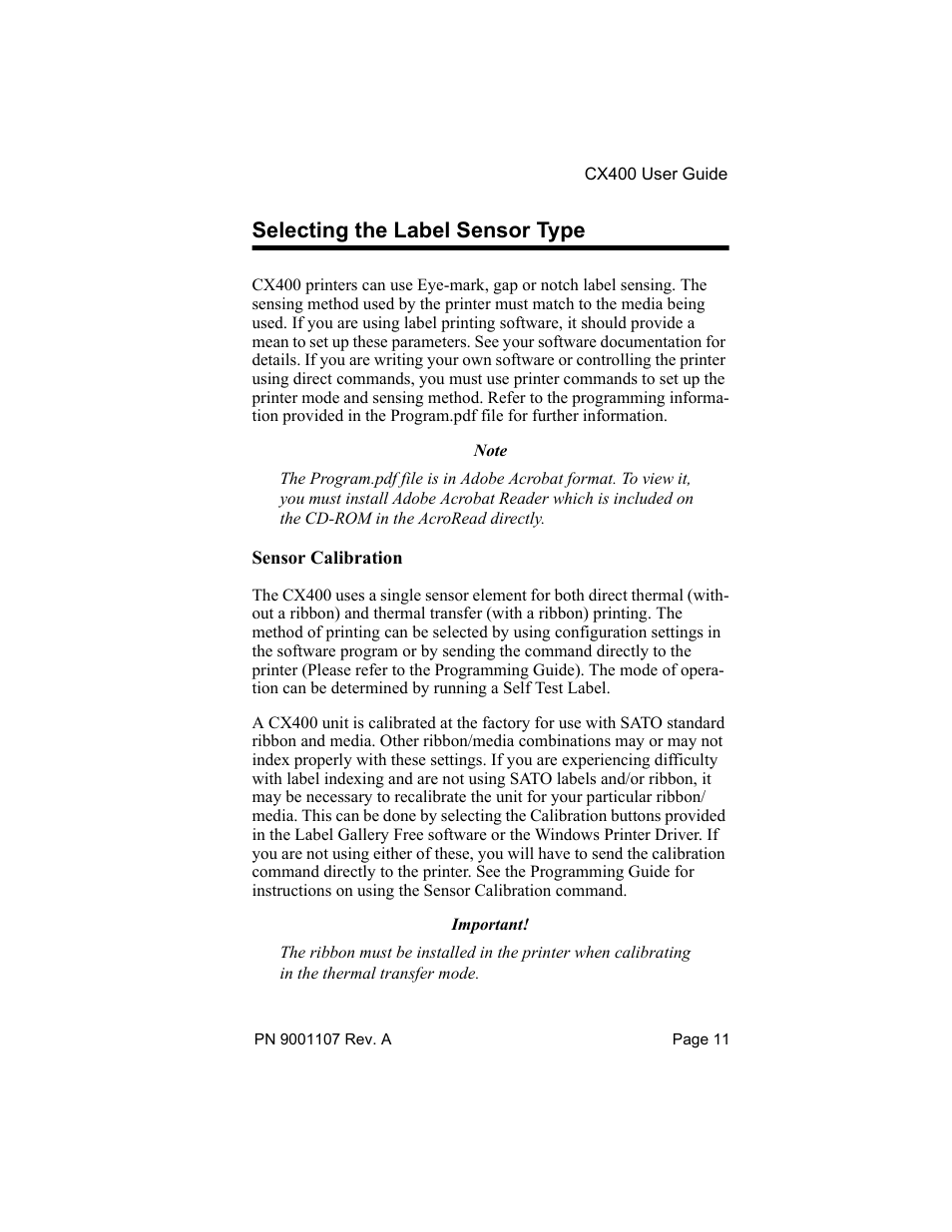 Label sensor selection, Selecting the label sensor type | SATO CX400 User Manual | Page 13 / 26
