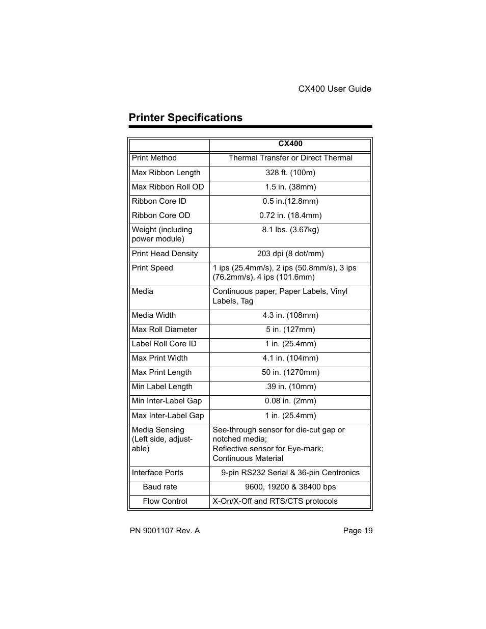 Printer specifications | SATO CX400 User Manual | Page 21 / 26