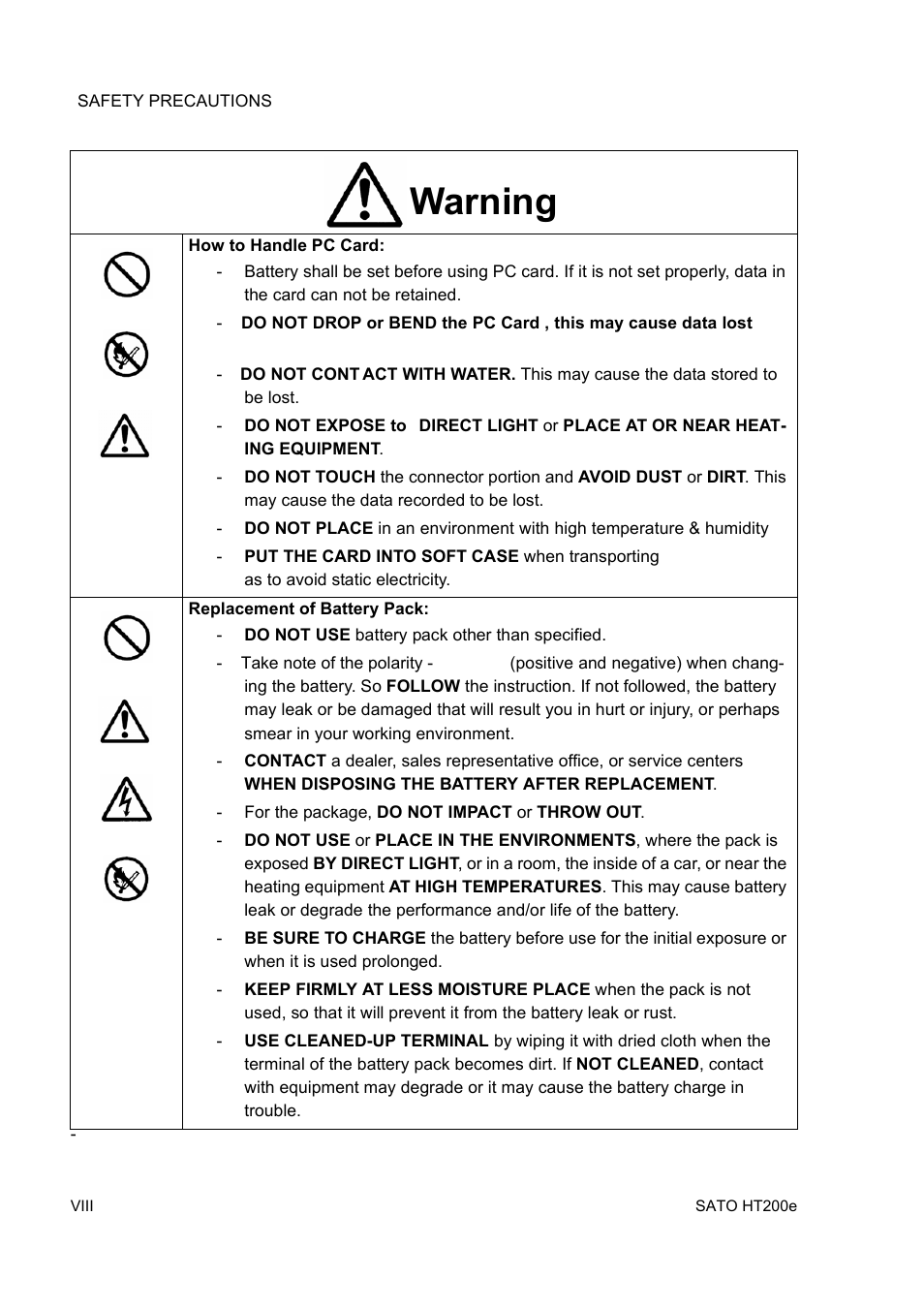 Warning | SATO HT200e User Manual | Page 12 / 152
