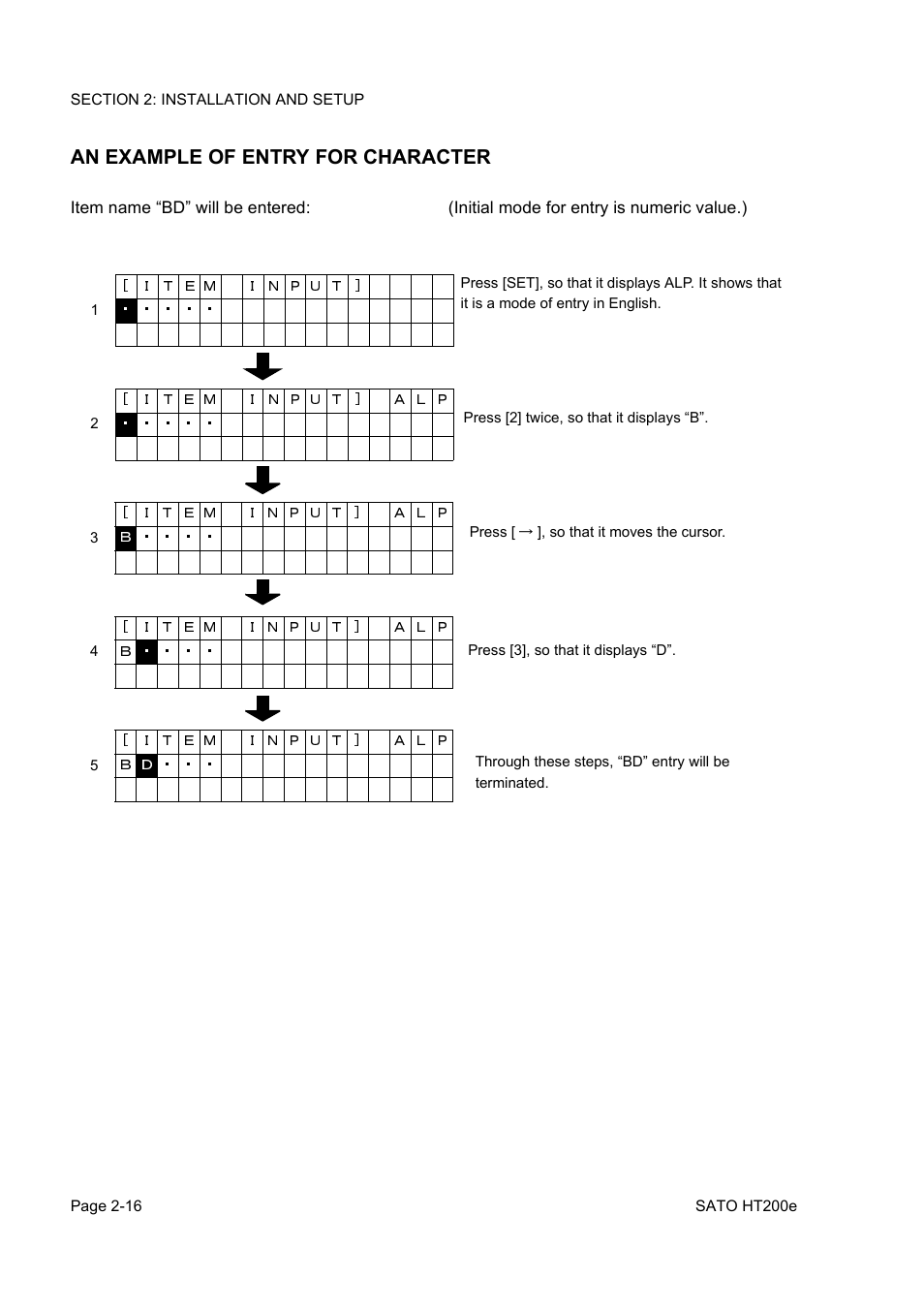An example of entry for character | SATO HT200e User Manual | Page 34 / 152