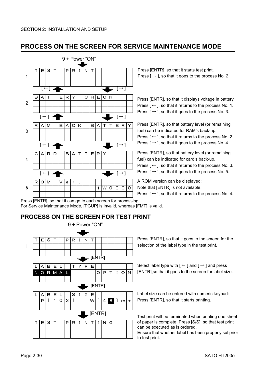 Process on the screen for service maintenance mode, Process on the screen for test print | SATO HT200e User Manual | Page 48 / 152