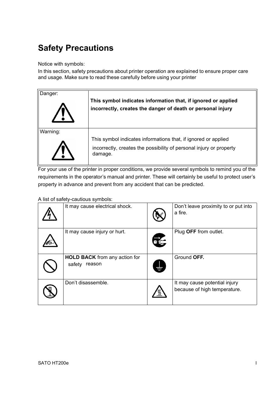 Safety precautions | SATO HT200e User Manual | Page 5 / 152