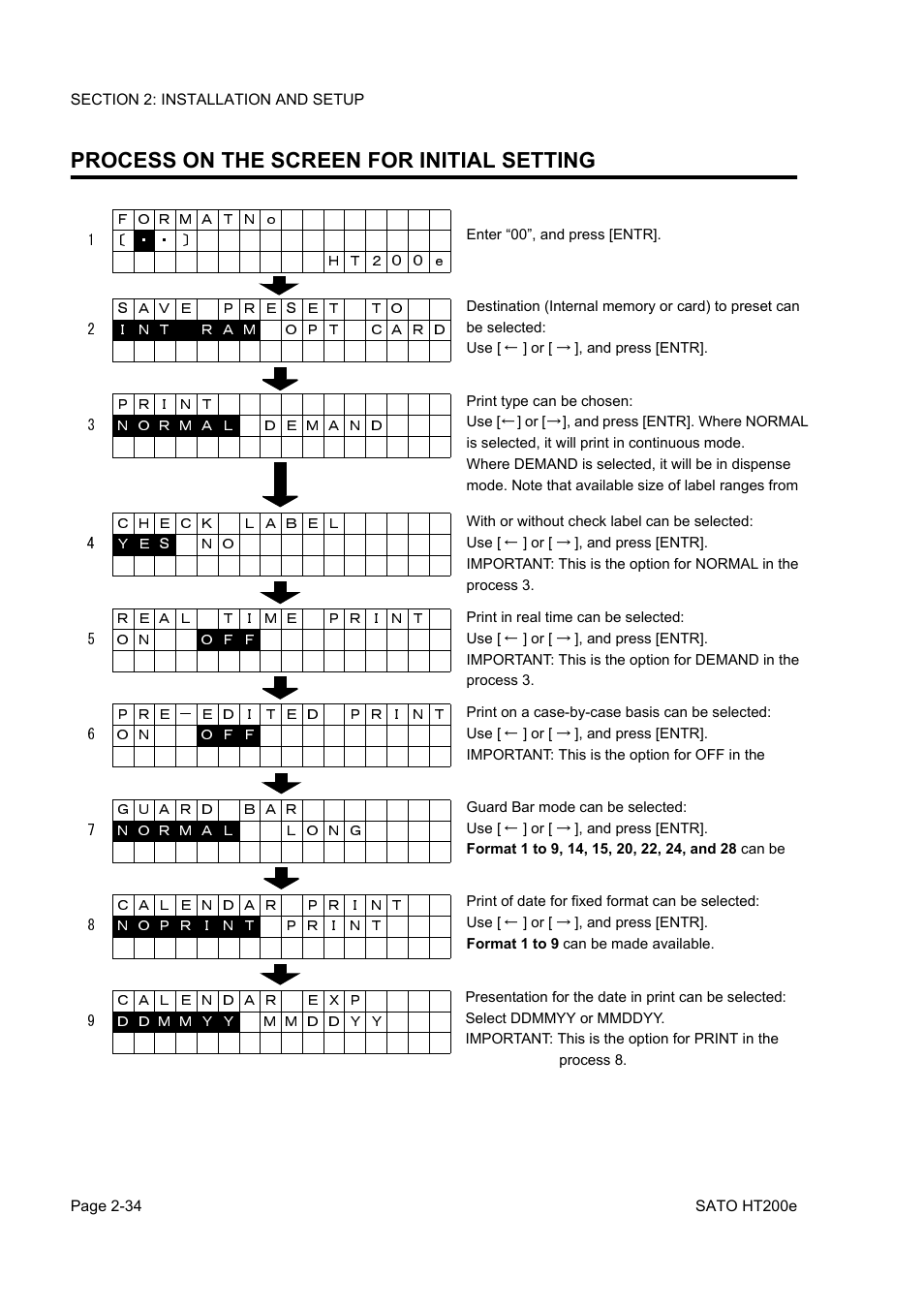 Process on the screen for initial setting | SATO HT200e User Manual | Page 52 / 152