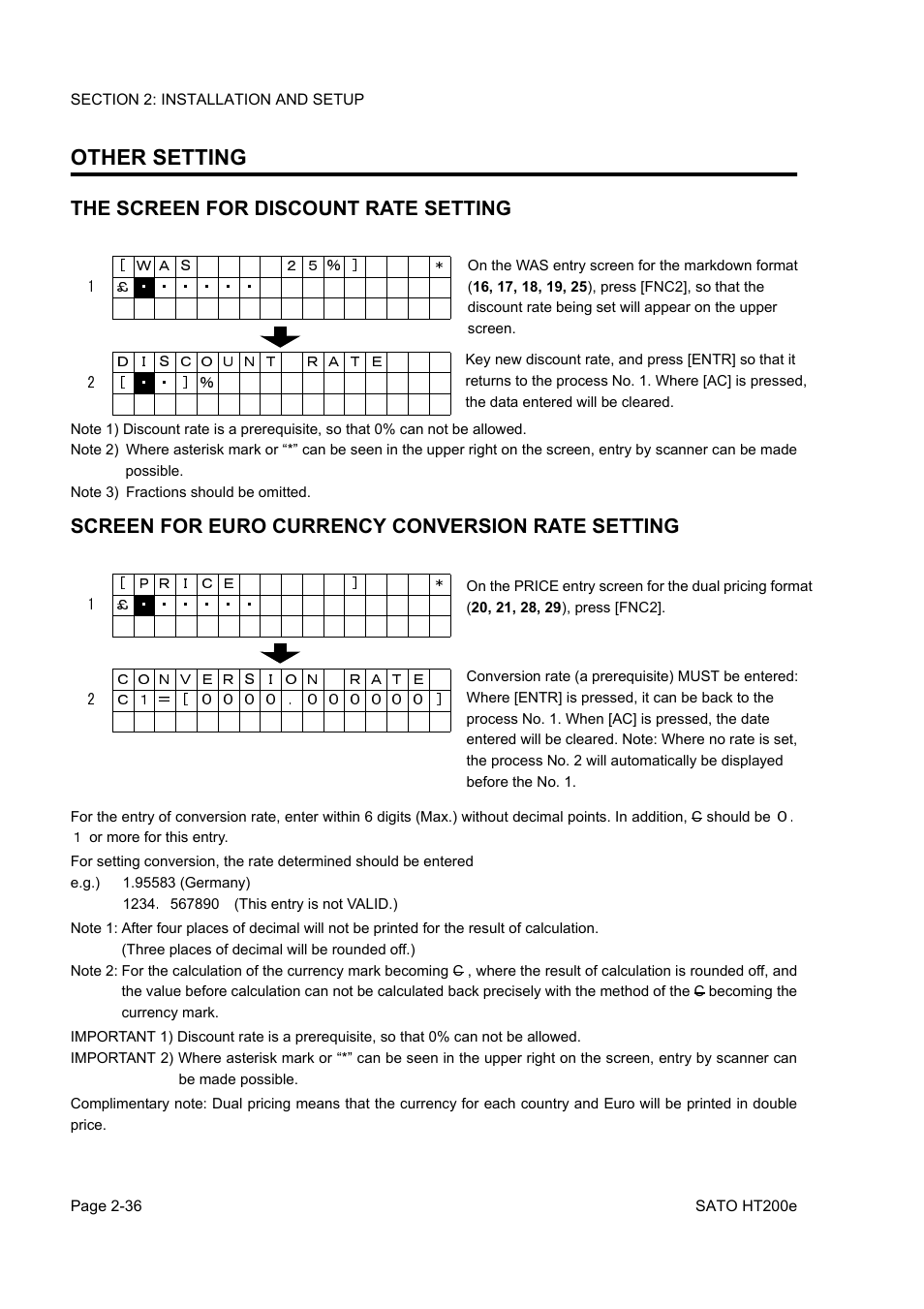 Other setting, The screen for discount rate setting, Screen for euro currency conversion rate setting | SATO HT200e User Manual | Page 54 / 152