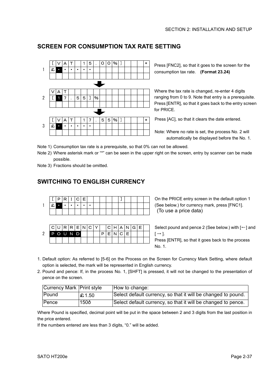 Screen for consumption tax rate setting, Switching to english currency | SATO HT200e User Manual | Page 55 / 152