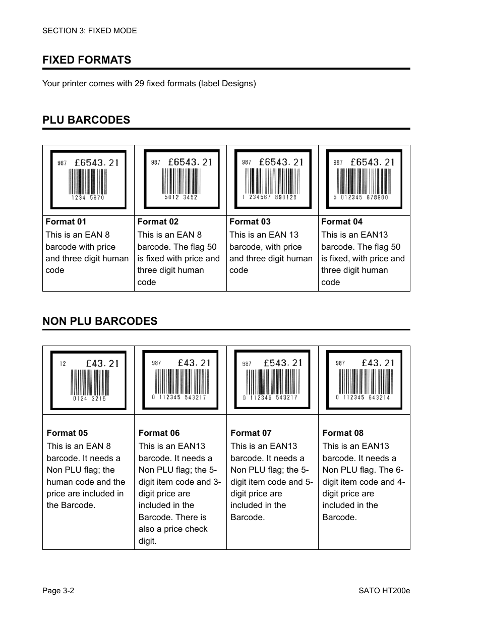 Fixed formats, Plu barcodes non plu barcodes | SATO HT200e User Manual | Page 58 / 152