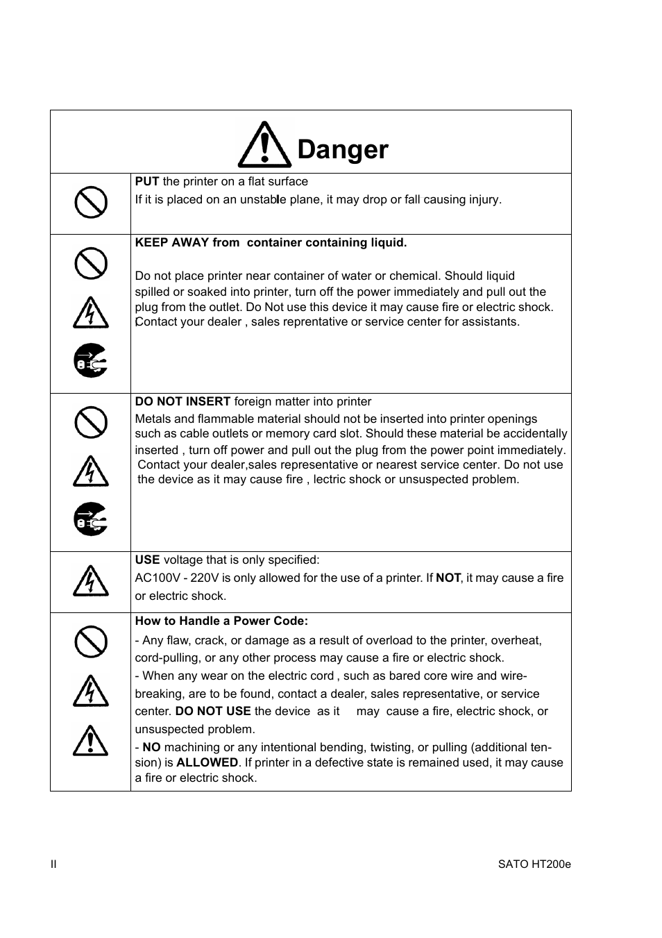 Danger | SATO HT200e User Manual | Page 6 / 152