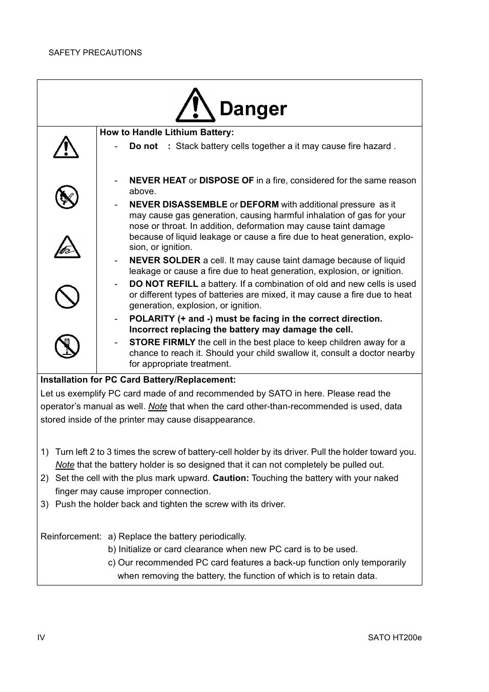 Danger | SATO HT200e User Manual | Page 8 / 152