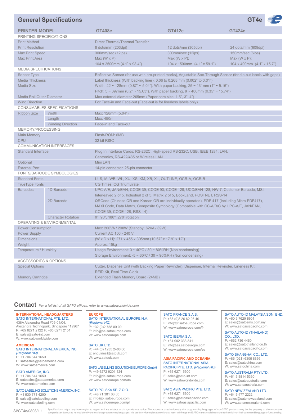 General specifi cations, Gt4e, Contact | SATO GT4eSeries User Manual | Page 2 / 2