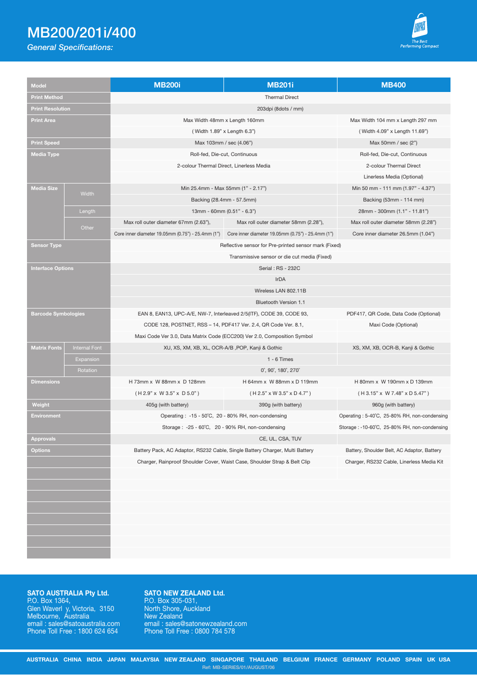 General specifications | SATO CT 400 User Manual | Page 2 / 2