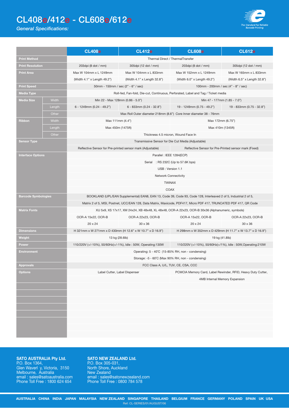 General specifications | SATO CL4e User Manual | Page 2 / 2