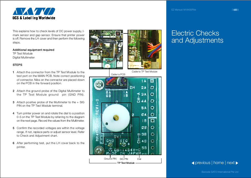 Electric checks and adjustments, Previous | home | next | SATO M 8400RVe User Manual | Page 2 / 9