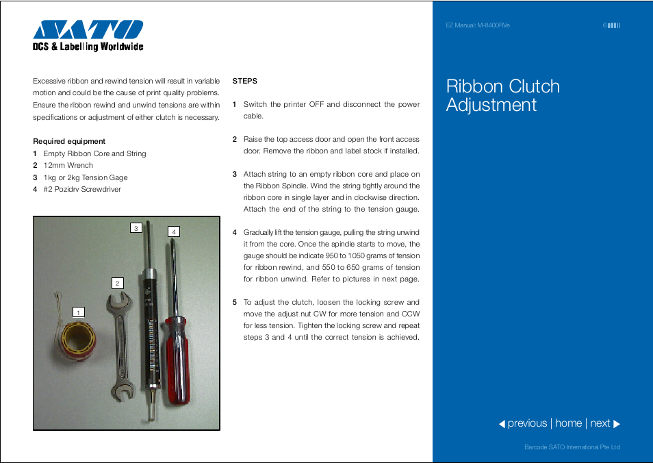 Ribbon clutch adjustment, Previous | home | next | SATO M 8400RVe User Manual | Page 6 / 9